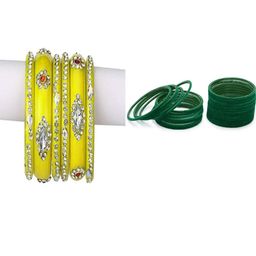 SOMIL Set of 30 Yellow & Green Artificial Stones Beads Glass Bangles-image-68