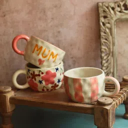 WEAVING HOMES Off White & Yellow 3 Pieces Printed Ceramic Glossy Mugs-46