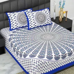 UNIBLISS White & Blue Floral Jaipuri Printed Cotton 144TC Queen Bedsheet Set-2.15mx2.35m-image-25