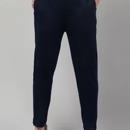 Trend Level Women Navy Blue Wool Relaxed Straight Leg Easy Wash Trousers-picture-2