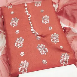 Peach Floral Foil Printed Cotton Blend Unstitched Dress Material-image-74