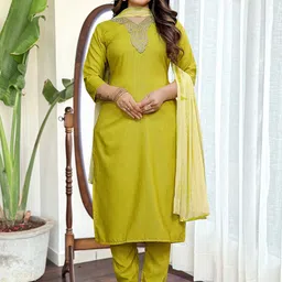Moda Rapido Floral Embroidered V-Neck Sequinned Straight Kurta With Trouser And Dupatta-image-73