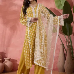 Sangria Yellow Floral Printed Notch Neck Straight Kurta With Palazzos And Dupatta-picture-12