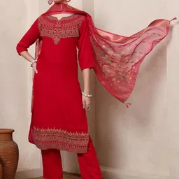 Nehamta Ethnic Motifs Printed Round Neck Straight Sequinned Kurta With Trousers & Dupatta-1