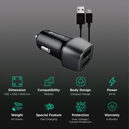 ultraprolink Mach 24W Type A 2-Port Car Charger (Type A to Type C Cable, Smart Charge, Black) image 2
