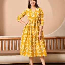 DECKEDUP Women Floral Printed V-Neck Cotton Fit & Flare Midi Dress-image-5
