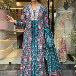 URMIR FASHION Women Floral Printed Tiered Thread Work Kurta with Trousers & With Dupatta-picture-28