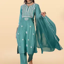 Anouk Rustic Floral Embroidered Notch Neck Straight Kurta With Trousers & Dupatta-picture-28