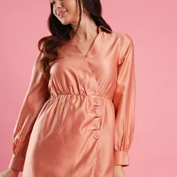 Globus Shirt Collar Cuffed Sleeves Hong Button Detailing Satin Wrap Dress-image-13