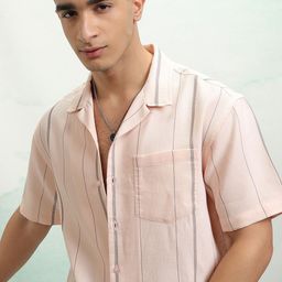 HIGHLANDER Men Cuban Collar Striped Cotton Relaxed Fit Casual Shirt-image-75
