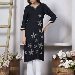 SHREE LAXMINARAYAN EXPORT Floral Embroidered Thread Work Notch Neck Straight Kurta-picture-43