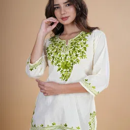 DESIGNER DHAAGE Floral Embroidered Notch Neck Pure Cotton Straight Kurti-image-98