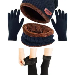 Aadikart Unisex Self Design Woollen Beanie With Touch Gloves and Socks Blue-picture-5