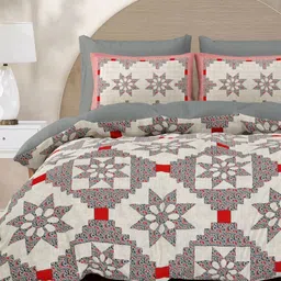Varde Opulent Beige & Red Ethnic Motifs Ajrak Printed Cotton 210 TC King Bedsheet Set-18