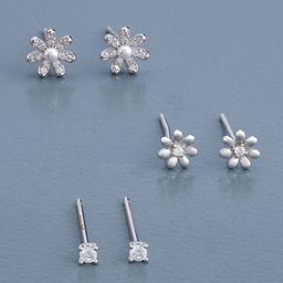 Kushal's Fashion Jewellery Set of 3 Rhodium-Plated 92.5 Sterling Silver Studded Studs-image-37