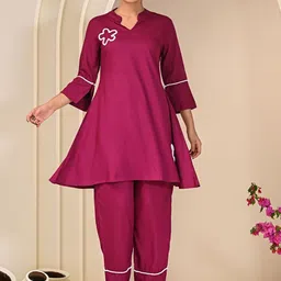 Indi INSIDE Embellished Mandarin Collar Three-Quarter Sleeves Pure Cotton Top & Trouser-image-93