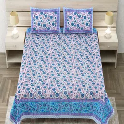 Aapno Rajasthan White & Blue Floral 144 TC King Bedsheet with 2 Pillow Covers-image-62