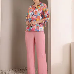 ADORNIA Printed Pure Cotton Shirt Collar Shirt With Trousers Co-Ords-image-3
