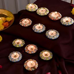 Aura 12-Pcs Blue & Yellow Diwali Matki Diyas Pooja Essentials-1