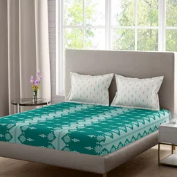 Portico Sparkle Green & White Abstract Cotton 128 TC Double Queen Bedsheet Set-2.24mx2.54m-image-2
