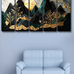 Livin'luxe Black & Gold-Toned 5 Piece Mountain & Sun Printed Canvas Wall Paintings-image-30