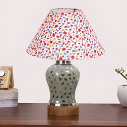 Aura White & Red Floral Printed Frustum Shaped Wooden Table Lamp-9