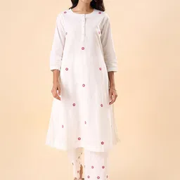 RANGMANCH BY PANTALOONS Women Floral Embroidered Regular Thread Work Pure Cotton Kurta with Trousers-picture-12