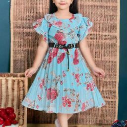 CHANDRIKA Girls Blue Viscose Rayon Dresses-image-37