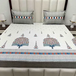 Pure Decor Grey & Blue Ethnic Motifs 350 TC King Bedsheet with 2 Pillow Covers-picture-48