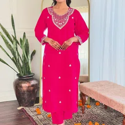 KALINI Floral Embroidered V-Neck Sequinned Chanderi Silk Kurta With Trousers & Dupatta-picture-56