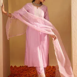 Indo Era Floral Yoke Design Straight Sequinned Liva Kurta with Trousers & Dupatta-image-73