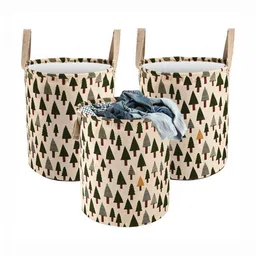 Aura 3Pcs Beige & Green Tree-Printed Foldable Laundry Bag With Handle - 60 L-3