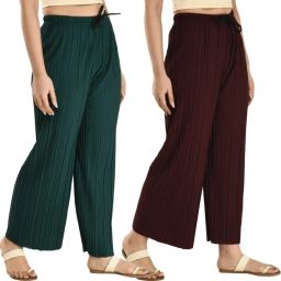 Pack of 2 Women Relaxed Maroon, Green Lycra Blend Trousers-image-95