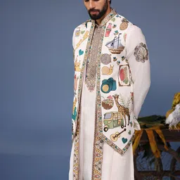 KALPRAAG Men Floral Embroidered Regular Sequinned Kurta with Trousers & With Dupatta image 5