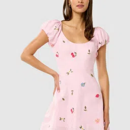 Forever New Embroidered Puff Sleeve Linen A-Line Mini Dress-image-27