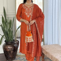 VARNI FABRICS Women Ethnic Motifs Embroidered Kurta with Trousers & Dupatta-image-74