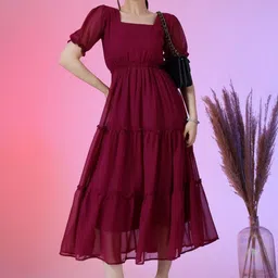 Krunal Raiyani Solid Georgette Fit & Flare Midi Dress-16