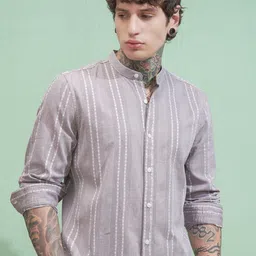 HIGHLANDER Men Comfort Fit Band Collar Vertical Striped Cotton Casual Shirt-picture-16
