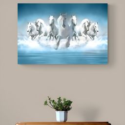 Tushaco Handicrafts Blue & White Seven Horse Printed Canvas Wall Art-image-42