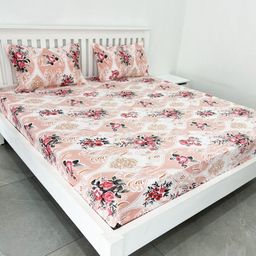 ohello Coral & White Floral 300 TC King Bedsheet with 2 Pillow Covers-13