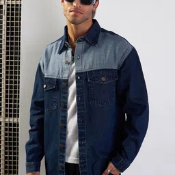 MASCLN SASSAFRAS Men Spread Collar Colourblocked Denim Oversized Casual Shirt-image-29
