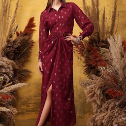 indo street Printed Cuffed Sleeves Maxi Ethnic Dress-image-73