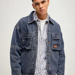 THE BEAR HOUSE Men Washed Crop Denim Jacket with Patchwork-image-89