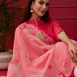 Dupatta Bazaar Floral Embroidered Thread Work Kota Doria Cotton Dupatta-image-74