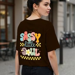 Dagcros Girls Brown Printed Little Soul Casual Round Neck Cotton Oversized T-Shirt-image-29