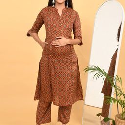 GOLDSTROMS Ethnic Motifs Printed Straight Pure Cotton Maternity Kurta With Trousers-image-85