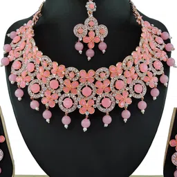 VATSALYA CREATION Alloy Pink Jewellery set With A pair of Earing & Manng Tika image 1