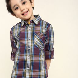 BONKIDS Boys Classic Fit Tartan Checked Spread Collar Cotton Casual Shirt-image-83