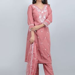 SHIFORY Women Floral Embroidered Regular Thread Work Pure Cotton Kurta with Trousers & With Dupatta-picture-3