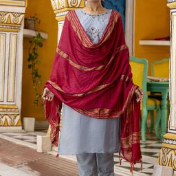 VredeVogel Floral Embroidered Round Neck Regular Kurta With Trouser With Dupatta-picture-45